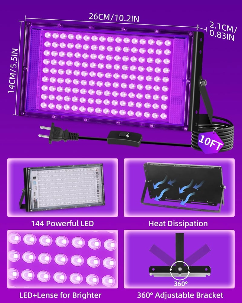 THECHAM Store 150W LED Black Lights IP66 Waterproof Black Light Outdoor with 10ft Plug+Switch, Flood Blacklight for Halloween Glow in The Dark Party Stage Light Neon Glow Birthday 2 Pack - Image 3